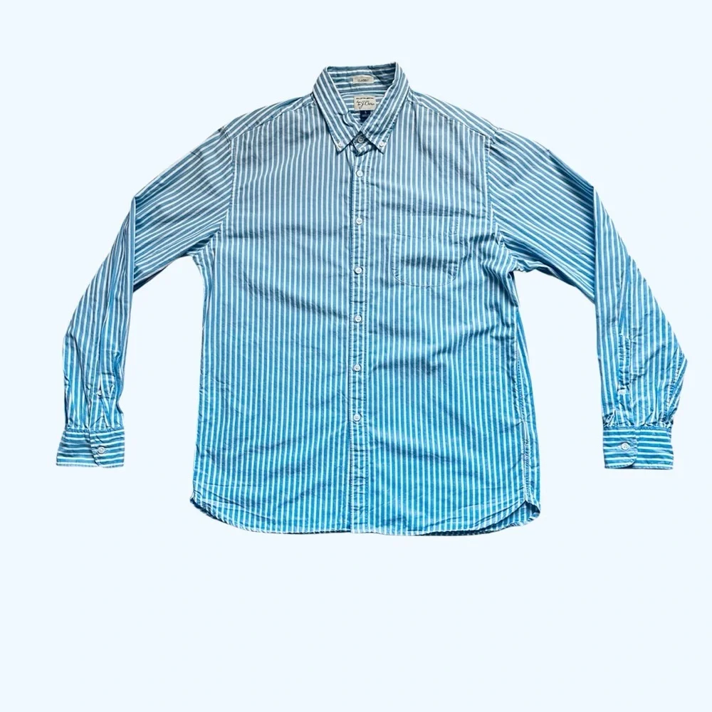 J.Crew Mens Large Classic Fit Blue White Stripe Button Down Shirt 100% Cotton